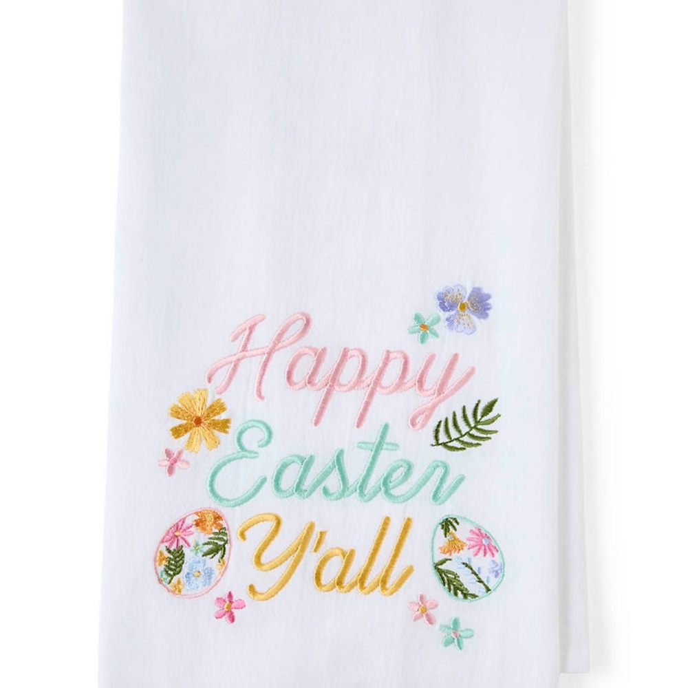 Easter White Embroidered 'Y'all' Kitchen Towel - Pastel Floral